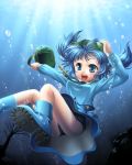  blue_eyes blue_hair boots bubble hat kawashiro_nitori kei_(pixiv) kei_kei key short_hair solo swimsuit swimsuit_under_clothes touhou twintails underwater water wet_clothes 