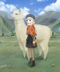  animal animal_ears ankle_boots boots cloud clouds gloves hat highres llama long_hair meadow mountain mountains pantyhose pouch scarf white_hair 