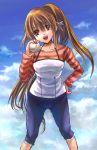  brown_hair jeans little_busters! little_busters!! long_hair natsume_rin ponytail red_eyes shimaji 