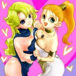  ayla bad_id blonde_hair breast_press breasts chrono_trigger green_eyes jewelry long_hair lowres marle multiple_girls pendant ponytail purple_eyes sakata3 symmetrical_docking violet_eyes yuri 