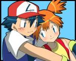  1boy 1girl amada blue_eyes couple gloves hat hetero hug hug_from_behind kasumi_(pokemon) orange_hair pokemon pokemon_(anime) satoshi_(pokemon) satoshi_(pokemon)_(classic) side_ponytail 