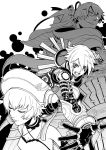  .hack//g.u. 2girls aina armor atoli bad_id bare_shoulders breasts cleavage cloak closed_eyes facial_mark glasses haseo hat long_hair monochrome multiple_girls ovan ribbon short_hair togatsuko 