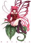 1girl bad_id bare_shoulders beatmania beatmania_iidx butterfly_wings fairy futami_kito gothic highres kito_(pixiv98689) long_hair oversized_object pink_eyes red_eyes red_hair redhead sitting skirt sparkle thighs two_side_up umegiri_ameto wings