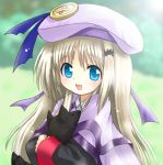  beret blush buttons cape dog hair_ornament hairclip happy hat hug large_buttons little_busters! little_busters!! lowres noumi_kudryavka silver_hair smile 