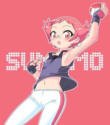  bandage bandages character_name closed_eyes flat_chest gloves gym_leader holding holding_poke_ball midriff pink_hair poke_ball pokemon pokemon_(game) pokemon_dppt short_hair solo sumomo_(pokemon) 