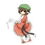  bad_id bowtie brown_eyes brown_hair cat cat_ears cat_tail chen dress dress_lift gomimushi hat looking_back lowres multiple_tails tail touhou 