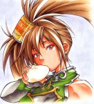  brown_eyes brown_hair calnarsa can cans eating food guilty_gear hair_ring kuradoberi_jam long_hair nikuman shikishi tea traditional_media twintails 