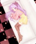  blush casual cherry_blossoms couch feet hair_ribbon hair_ribbons hiiragi_kagami long_hair looking_back lucky_star lying nyoshino petals purple_eyes purple_hair ribbon ribbons shirt smile solo striped striped_shirt suspenders thigh-highs thighhighs tiles tsurime twintails violet_eyes zettai_ryouiki 