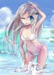  bad_id beach bikini blonde_hair blue_eyes little_busters! little_busters!! noumi_kudryavka shimaji splash swimsuit water wink 