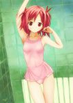  arms_up camisole kobayashi_yuuji leotard mahou_sensei_negima! pink_eyes pink_hair redhead sasaki_makie short_hair skirt twintails 