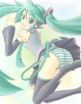  bad_id detached_sleeves hatsune_miku panties pantyshot satogo striped striped_panties thigh-highs thighhighs twintails underwear vocaloid wind_lift 