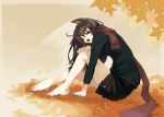  autumn bad_id barefoot brown_hair cat_ears feet kuchibue leaf leaves long_hair scarf 