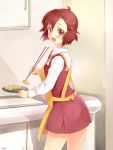  aoba_tsugumi apron bad_id blush cooking highres kannagi kayou_(artist) legs looking_back open_mouth red_eyes red_hair redhead short_hair smile 