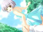 :d back blush bob_cut brown_eyes cloud drag dragging dress dutch_angle flat_chest from_behind game_cg hashino_sumi looking_back nekokan_(cat's_cradle) open_mouth outdoors pleated_skirt pov short_hair silver_hair skirt sky smile sundress yellow_eyes 
