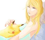  1girl blonde_hair blue_eyes eyes_closed long_hair medium_hair metroid nintendo pikachu pokemon pokemon_(creature) rike_(pixiv) samus_aran simple_background sleeping super_smash_bros. 