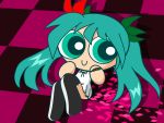  1girl aqua_hair chibi craig_mccracken_(style) dress green_eyes hatsune_miku highres long_hair parody petals powerpuff_girls super_deformed thigh-highs twintails vocaloid world_is_mine_(vocaloid) 