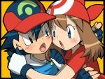  1boy 1girl :o amada bandana couple fingerless_gloves gloves haruka_(pokemon) hat hetero hug open_mouth pokemon pokemon_(anime) satoshi_(pokemon) 