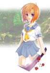  blood blue_eyes hasumi_chigiri higurashi_no_naku_koro_ni kisuke kisuke_(artist) orange_hair ryuuguu_rena school_uniform serafuku short_hair skirt 