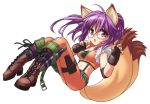  boots fingerless_gloves fox_(trickster) fox_ears fox_tail glasses gloves knife midriff nobody_knows purple_hair red_eyes tail tight_pants trickster 