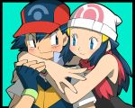  1boy 1girl amada beanie couple fingerless_gloves gloves hat hetero hikari_(pokemon) hug hug_from_behind pokemon pokemon_(anime) poketch satoshi_(pokemon) scarf watch wristwatch 