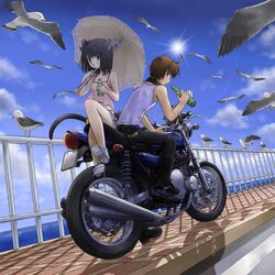  animal_ears bird birds black_eyes black_hair bottle brother_and_sister brown_eyes brown_hair camisole cat_ears cat_tail chemise cloud collar crossed_legs dog_ears dog_tail drink hair_bobbles hair_ornament highres kanzaki_hayato kanzaki_miku kuroinu legs looking_back motor_vehicle motorcycle ocean original parasol railing seagull siblings side_ponytail sitting sky tail umbrella vehicle 