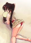 ass barefoot black_hair bread bread_in_mouth brown_eyes casual_one-piece_swimsuit food hamoto long_hair looking_up melon_bread mouth_hold one-piece_swimsuit shakugan_no_shana shana swimsuit twintails 