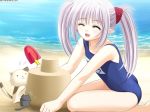   beach cat closed_eyes laughing pointy_ears popsicle primula sand sand_castle shuffle smile swimsuit twintails  