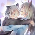  2girls :d animal_ears blonde_hair closed_eyes eila_ilmatar_juutilainen hug long_hair multiple_girls open_mouth sanya_v_litvyak saya_(ccmkk54) short_hair silver_hair smile strike_witches sweatshirt tail teeth 