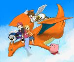  3boys bite blonde_hair blue_eyes brown_eyes brown_hair cape charizard flying gloves kid_icarus kirby kirby_(series) lucas mask meta_knight mother mother_(game) mother_3 multiple_boys nintendo pit pokemon pokemon_(creature) pokemon_(game) pokemon_rgby pokemon_trainer red_(pokemon) red_(pokemon)_(remake) riding sky super_smash_bros. wings yellow_eyes 