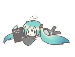  ahoge aqua_hair book chibi detached_sleeves hatsune_miku long_hair lowres lying reading sakuramori_sumomo skirt super_deformed thigh-highs thighhighs twintails vocaloid zettai_ryouiki 