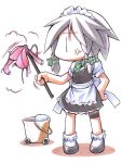  anger_vein bad_id bobby_socks bra bucket chibi cleaning dustcloth duster hand_on_hip izayoi_sakuya lingerie maid moriya_suwako pyonta shoes simple_background socks solo thigh_strap touhou underwear ushi |_| 