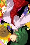  breasts character_name flower green_hair kazami_yuuka oso oso_(toolate) plaid_vest profile red_eyes short_hair sunflower touhou upside-down 