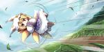  :o chibi dollar flying fox_tail grass hands_in_sleeves multiple_tails rolling short_hair speed_lines tail touhou yakumo_ran yellow_eyes 