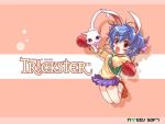  backpack bag blue_hair boxing_gloves bunny_(trickster) bunny_ears bunny_tail cat gloves headband open_mouth rabbit_ears red_eyes shirahane_nao skirt socks tail trickster 