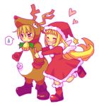  1girl :d ^_^ angel_wings animal_costume annoyed antlers arm_hug bangs bell blonde_hair blue_eyes blush boots cello_(marl_kingdom) christmas clenched_hands closed_eyes couple dress embarrassed flat_chest flipped_hair frown full_body fur_trim gloves hair_between_eyes happy hat heart kururu_(marl_kingdom) leg_lift long_hair looking_away lowres marl_kingdom nippon_ichi open_mouth payot profile reindeer_costume santa_hat shoes smile speech_bubble spoken_sweatdrop standing standing_on_one_leg star sunny_spot sweatdrop tears tsuyuka_(sunny_spot) very_long_hair wings 