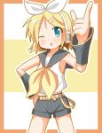  1girl blonde_hair kagamine_rin minami_(colorful_palette) one_eye_closed solo vocaloid wink 