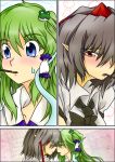  2girls absurdres artist_request blue_eyes brown_hair closed_eyes comic frog_hair_ornament green_hair hair_ornament hair_tubes highres kochiya_sanae multiple_girls pocky pocky_kiss pointy_ears red_eyes shameimaru_aya shared_food sweatdrop touhou yuri 
