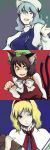  alice_margatroid animal_ears asagi657 bad_id blonde_hair blue_hair book brown_hair cat_ears cat_tail chen earrings fang hat highres jewelry letty_whiterock multiple_girls multiple_tails pinky_out red_eyes short_hair tail touhou yellow_eyes 