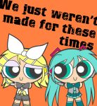  2girls aqua_eyes aqua_hair blonde_hair chibi craig_mccracken_(style) crossed_arms detached_sleeves english green_eyes hatsune_miku headset kagamine_rin long_hair necktie parody powerpuff_girls skirt super_deformed thigh-highs twintails vocaloid 