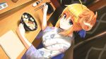  1girl ahoge artoria_pendragon_(all) blonde_hair blush bowl breasts chopsticks closed_mouth commentary_request damao_yu dutch_angle eating eyebrows_visible_through_hair fate/grand_order fate/stay_night fate_(series) floral_print food food_on_face food_request fujimaru_ritsuka_(female) green_eyes hair_bun highres japanese_clothes kimono looking_at_viewer mask mask_on_head medium_breasts nabe napkin pepper_shaker revision riyo_(lyomsnpmp)_(style) saber salt_shaker shiny shiny_hair sitting solo wide_sleeves 