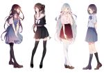  4girls ;d absurdres arm_at_side arm_behind_back arms_behind_back bangs black_footwear black_hair black_legwear black_serafuku black_skirt blue_skirt bow bowtie brown_eyes brown_hair buttons dress eyebrows_visible_through_hair from_side full_body hair_ornament hair_ribbon hairclip highres kneehighs loafers long_hair looking_at_viewer looking_to_the_side low_twintails multiple_girls neck_ribbon one_eye_closed open_mouth original pinafore_dress pleated_skirt ponytail red_ribbon ribbon round_teeth school_uniform serafuku shoes short_sleeves silver_hair simple_background skirt smile standing teeth thigh-highs twintails v v_arms very_long_hair violet_eyes white_background white_bow white_bowtie white_legwear wing_collar zettai_ryouiki zhibuji_loom 