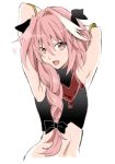  1boy androgynous armpits arms_behind_head arms_up black_bow bow braid fang fate/apocrypha fate/grand_order fate_(series) hair_ribbon looking_at_viewer moekichi multicolored_hair navel open_mouth pink_hair ribbon rider_of_black single_braid sleeveless smile solo streaked_hair trap violet_eyes 