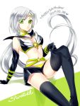  1girl 2017 adjusting_clothes adjusting_legwear arm_support artist_name bishoujo_senshi_sailor_moon black_bra black_gloves black_legwear black_shorts bra breasts choker cleavage dated elbow_gloves eyebrows_visible_through_hair floating_hair gloves green_eyes green_ribbon happy_birthday heart long_hair medium_breasts parted_lips ribbon ribbon_choker sailor_star_healer shirataki_kaiseki short_shorts shorts silver_hair sitting solo thigh-highs underwear very_long_hair 