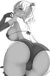  1girl ass blush bra breasts elbow_gloves eyebrows_visible_through_hair finger_to_mouth frilled_panties frills from_behind gloves hair_ribbon kantai_collection kashima_(kantai_collection) large_breasts long_hair looking_at_viewer looking_back monochrome panties ribbon samegami simple_background sketch solo thigh-highs tongue twintails underwear wavy_hair white_background 