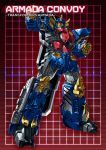  1boy autobot character_name clenched_hand full_body grid grid_background headgear looking_at_viewer machine machinery mecha no_humans optimus_prime paintedmike personification red_background red_eyes robot solo transformers transformers_armada 