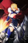  1girl aqua_eyes armor artoria_pendragon_(all) artoria_pendragon_(lancer) blonde_hair blue_gloves blue_legwear breasts cape cleavage crown elbow_gloves fate/grand_order fate_(series) fur_trim gauntlets gloves hair_over_one_eye horse labombardier! large_breasts riding solo thigh-highs 