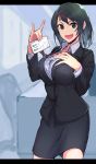  1girl :d black_eyes black_hair black_skirt breasts commentary cowboy_shot fang formal hair_ornament hairclip hand_on_own_chest indoors kujuu_shikuro large_breasts looking_at_viewer name_tag office_lady open_mouth original short_hair skirt smile solo suit 