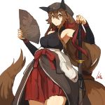  1girl animal_ears breasts bridal_gauntlets brown_eyes brown_hair closed_mouth fan full_body gloves hair_between_eyes hat holding holding_sword holding_weapon lansane long_hair long_sleeves looking_at_viewer low-tied_long_hair medium_breasts original red_skirt sash sheath sheathed sidelocks signature simple_background skirt sleeveless smile solo sweat sword tail tsana_(lansane) weapon white_background wolf_ears wolf_tail 