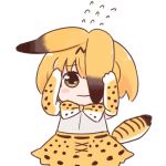  1girl animal_ears batta_(ijigen_debris) blush_stickers bow bowtie brown_eyes closed_mouth commentary covering_face flying_sweatdrops kemono_friends looking_at_viewer peeking_out serval_(kemono_friends) serval_ears serval_print serval_tail simple_background skirt solo tail white_background 