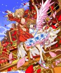  2girls aestus_domus_aurea aestus_estus armor armored_boots back-to-back bangs blonde_hair blue_eyes blue_sky boots braid brown_hair card_captor_sakura closed_mouth clow_card crossover day dress dutch_angle epaulettes fate/extra fate_(series) french_braid frills green_eyes hair_bun hair_intakes hand_up highres holding holding_staff holding_sword holding_weapon hoshi_no_tsue kinomoto_sakura mismatched_legwear multiple_girls open-back_dress outdoors parted_lips petals red_dress rose_petals saber_extra seiyuu_connection shino_(eefy) sidelocks single_sock single_thighhigh sky smile socks staff stairs standing sword tange_sakura thigh-highs weapon white_dress white_legwear wind 